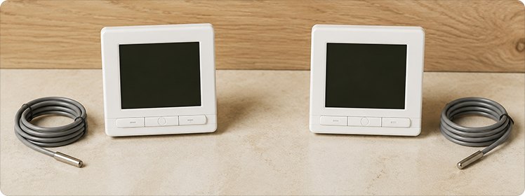 Два белых терморегулятора с выносными датчиками температуры на светлой поверхности