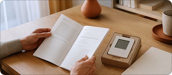 Человек читает инструкцию за столом рядом с терморегулятором